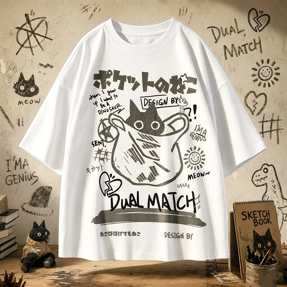 Unisex Japanese Retro Pocket Cat Cartoon Comfortable Short Sleeve T-shirt for Couples And Parent-Child Summer Fashion Top