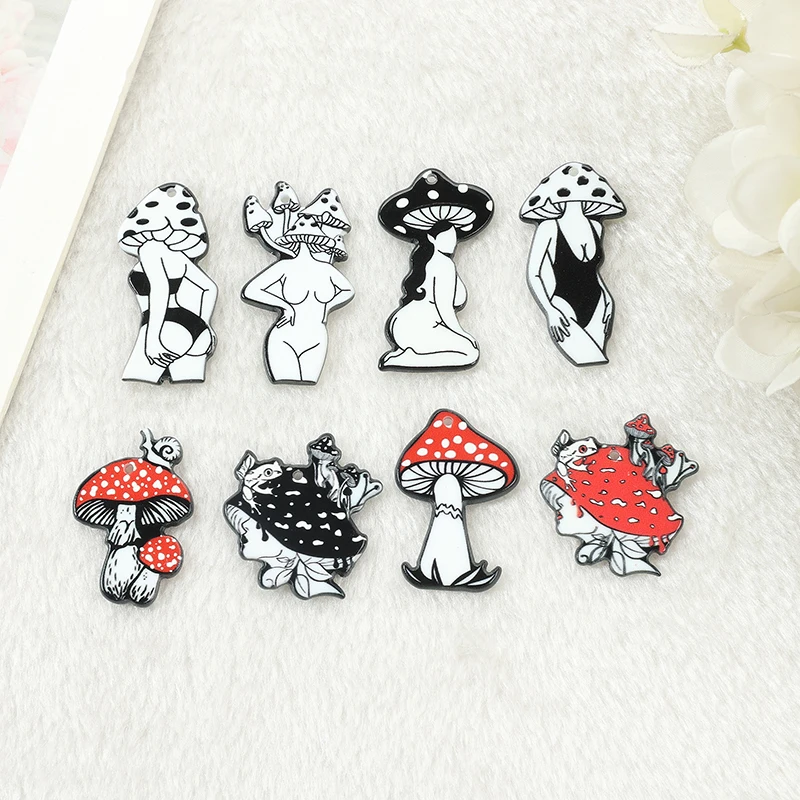 8Pcs Goth Mushroom Charms Bikini Girl Swimsuit Cartoon Figure Jewelry Findings Earring Pendant Necklace DIY Making