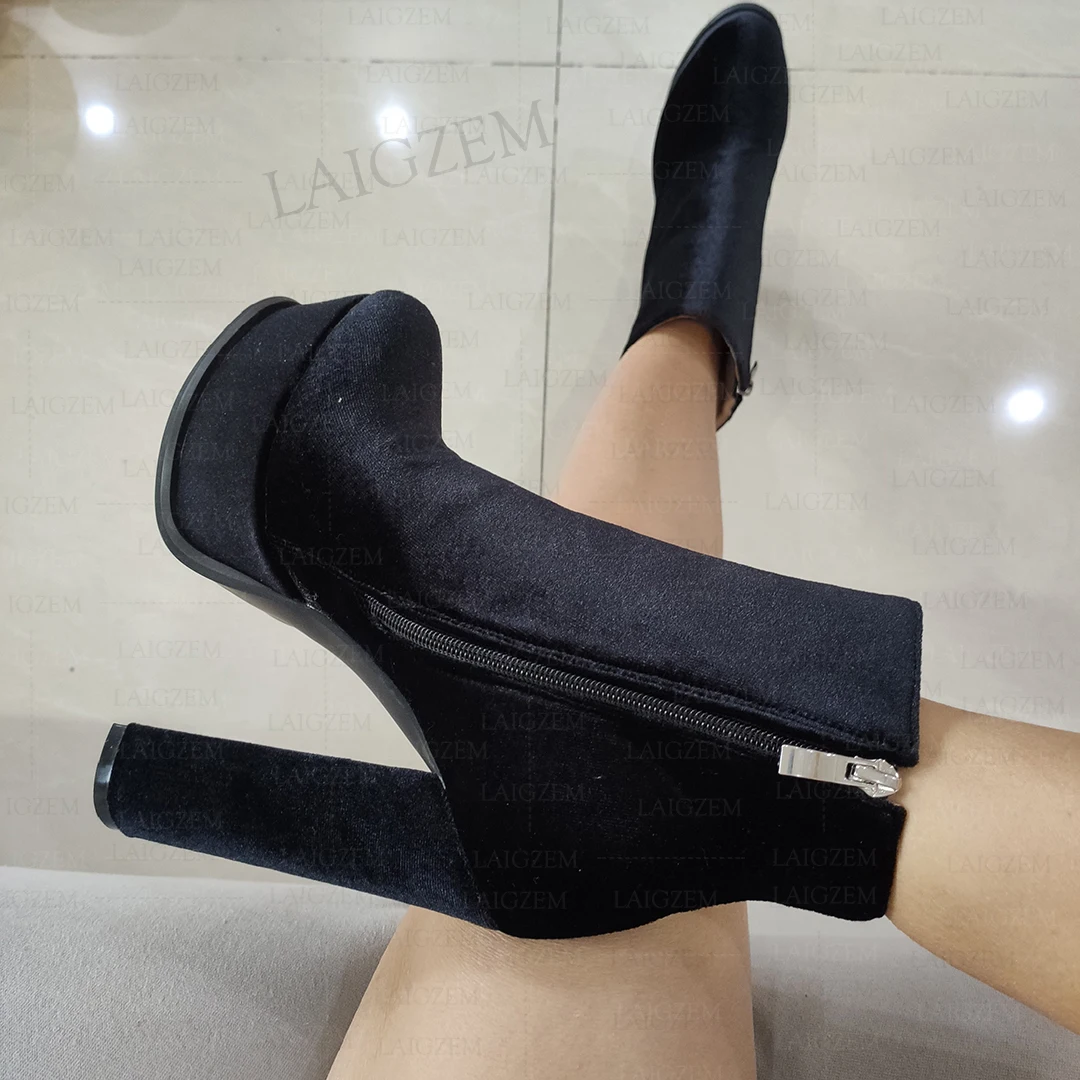 

LAIGZEM Women Ankle Boots Velvet Side Zip Up Thick High Heels Short Booties Comfortable Ladies Shoes Woman Big Size 41 43 47 52