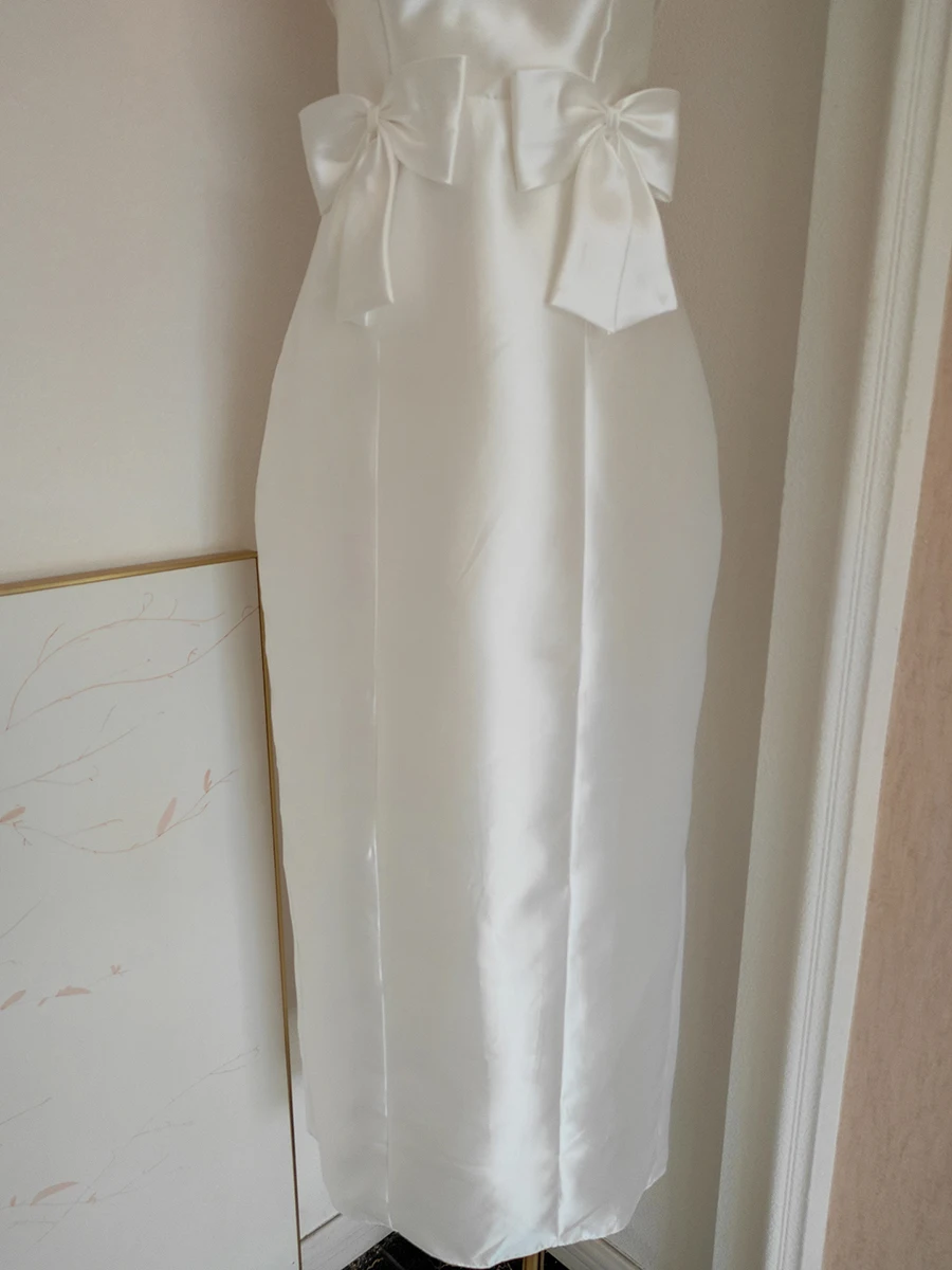 Reddachic brilhante branco feminino vestido de noite sólido cetim texturizado arco sem alças espartilho split maxi vestido longo elegante roupas formais
