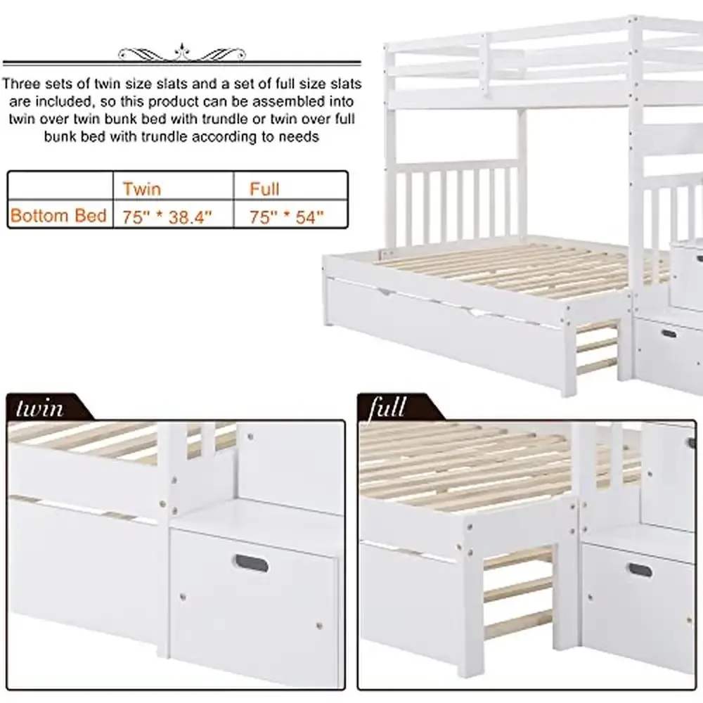 Twin-Over-Twin-/Full-Etagenbett aus massivem Holz mit ausziehbaren Schubladen und Treppe, platzierbare Aufbewahrungsfächern auf der linken Seite, sicherer Zugang