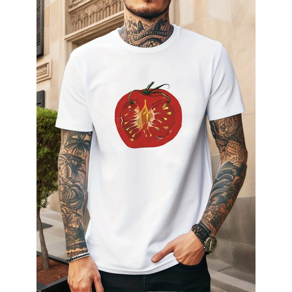 Male Cotton Short Sleeve T Shirt Fresh Sliced Tomato Pattern Loose Crew Neck Food Casual Summer Tees For Young Adult Men