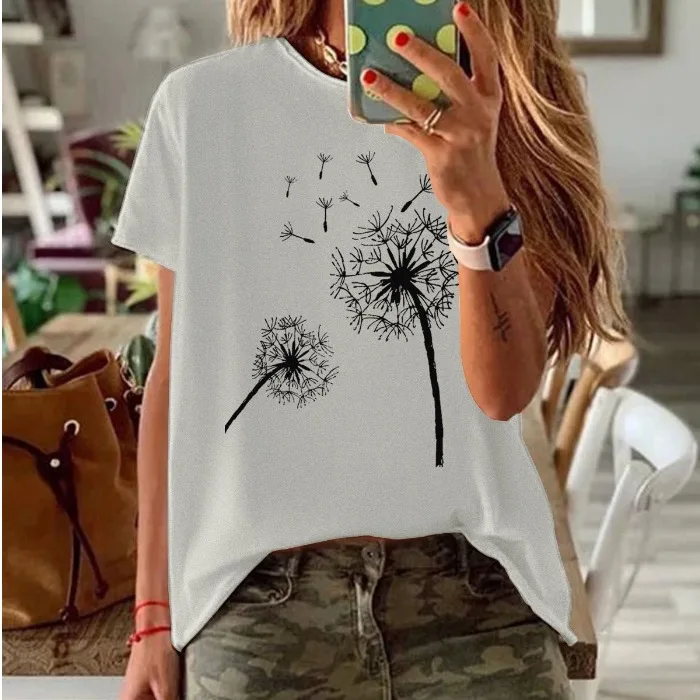 Estate Nuovo rotondo Ne Allentato Casual Slim ort Sve T-shirt T-shirt Stampa Street Sle Classico floreale Faion Top da donna