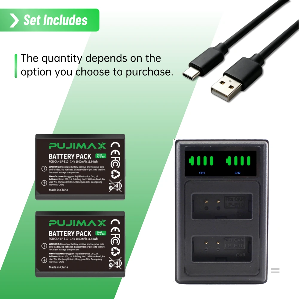 PUJIMAX LP-E10 1600mAh for Canon EOS Rebel T3 T5 T6 T100 X50 X70 X80 X90 EOS 1100D 1200D 1300D 1500D 2000D 3000D 4000D Camera
