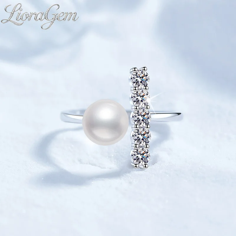 

LioraGem Women's Ring with Natural Freshwater Pearl,s Full-Diamond Moissanite T-Shaped Adjustable Band Platinum PT950 Stamp