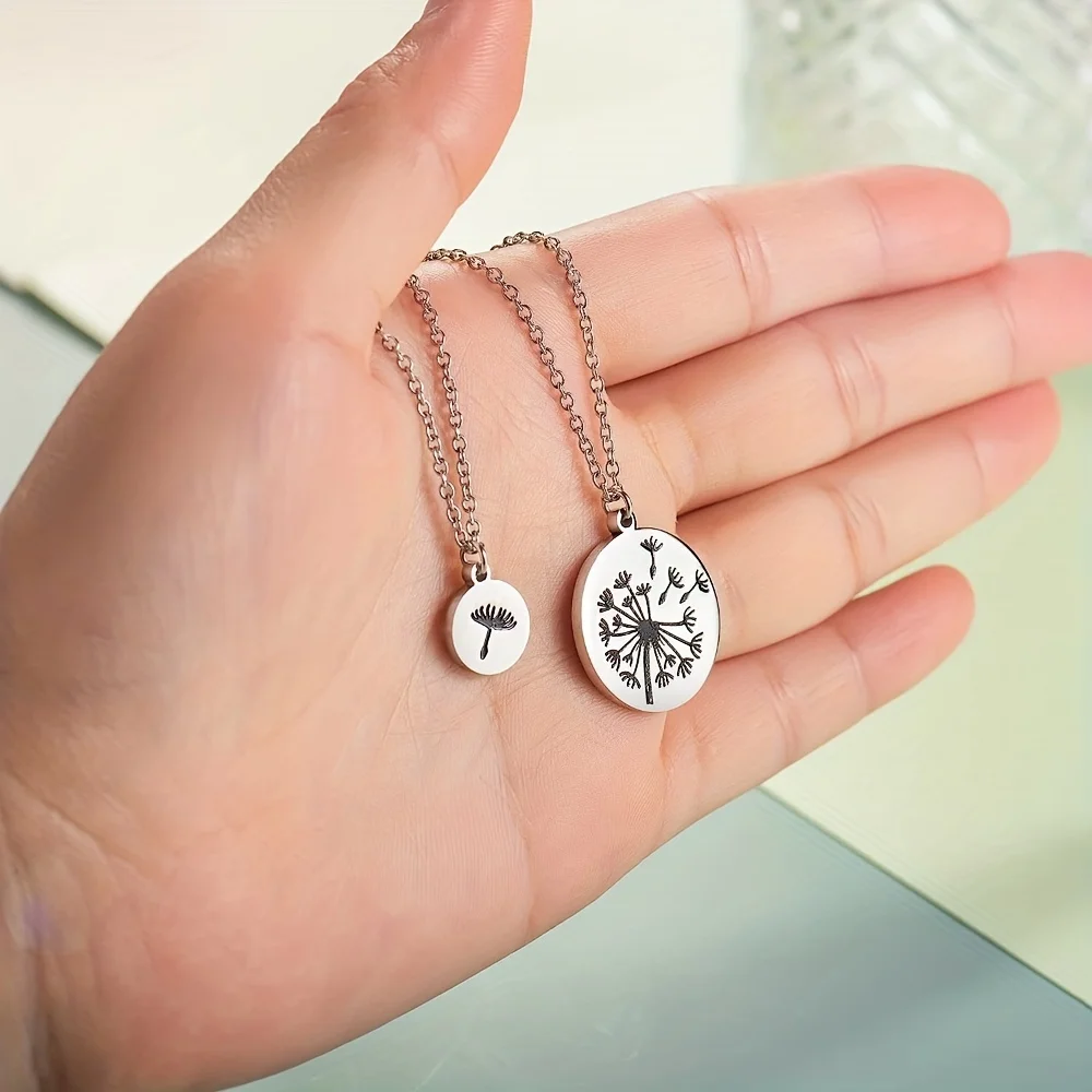 2pcs Mother & Daughter Matching Dandelions Engraved Round Pendant Necklace Mother's Day Birthday Christmas Gift For Mom Daughter