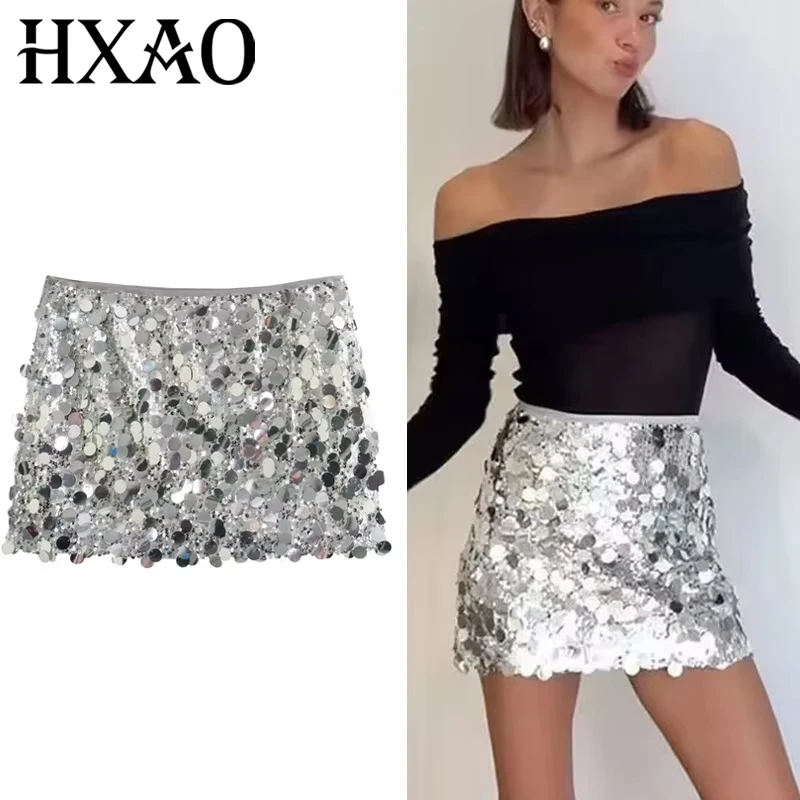 

HXAO Женские юбки Блестящая юбка с пайетками Женская стильная серебристо-черная мини-юбка с высокой талией Вечерние рождественские короткие юбки для женщин