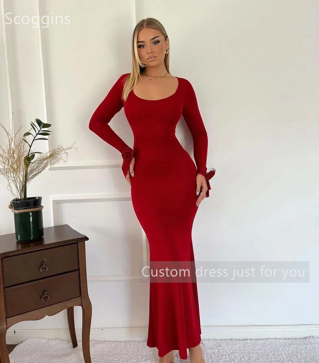 Scoggins فساتين سهرة Customize Evening Dress Sheath Scoop Neckline Floor-Length Zipper Up Wedding Dress Cocktail Dresses