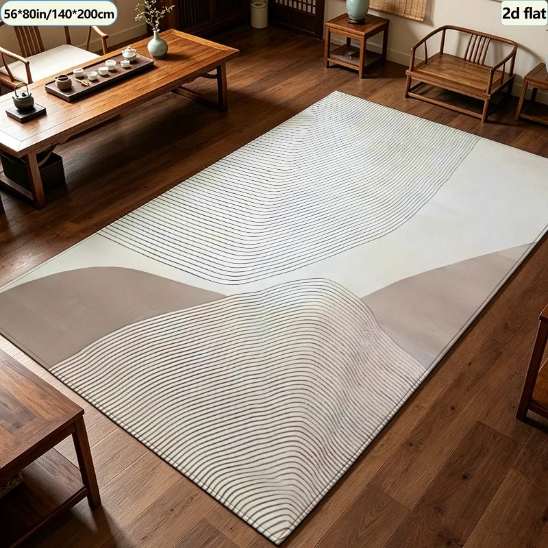 Neutral Beige Abstract Line Carpet Flooring, Mid-Century Curved Contour Geometric Area Rug Non-Slip Floor Mat for Living Room Apartment Home Decoration