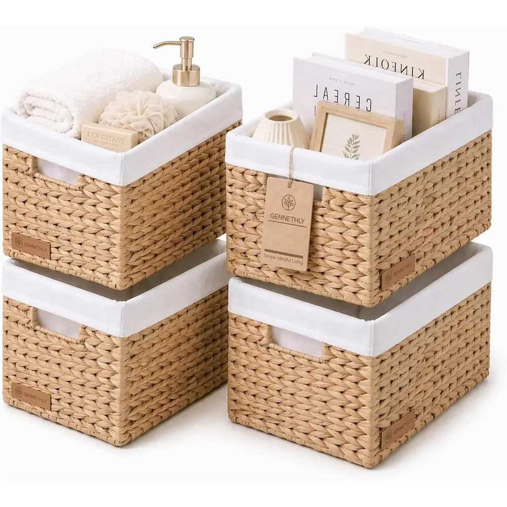 

Natural Rattan Wicker Baskets for Storage, 4-Pack, Waterproof Canvas Liners, Ideal for Home Organization