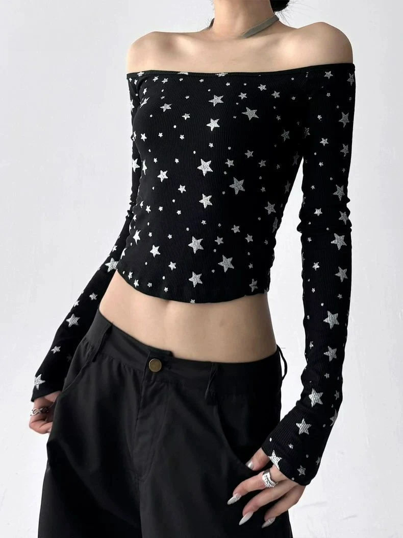 

Star Full Print Off-Shoulder Long Sleeve Women's Autumn New Design Slim Fit Top