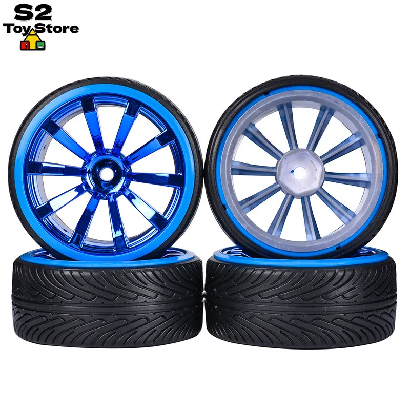 Drift Wheels with Blue Rims for Yokomo D5 & MST 1/10 RC Slick Tire & Wheel Set Complete Upgrade for On-Road Models