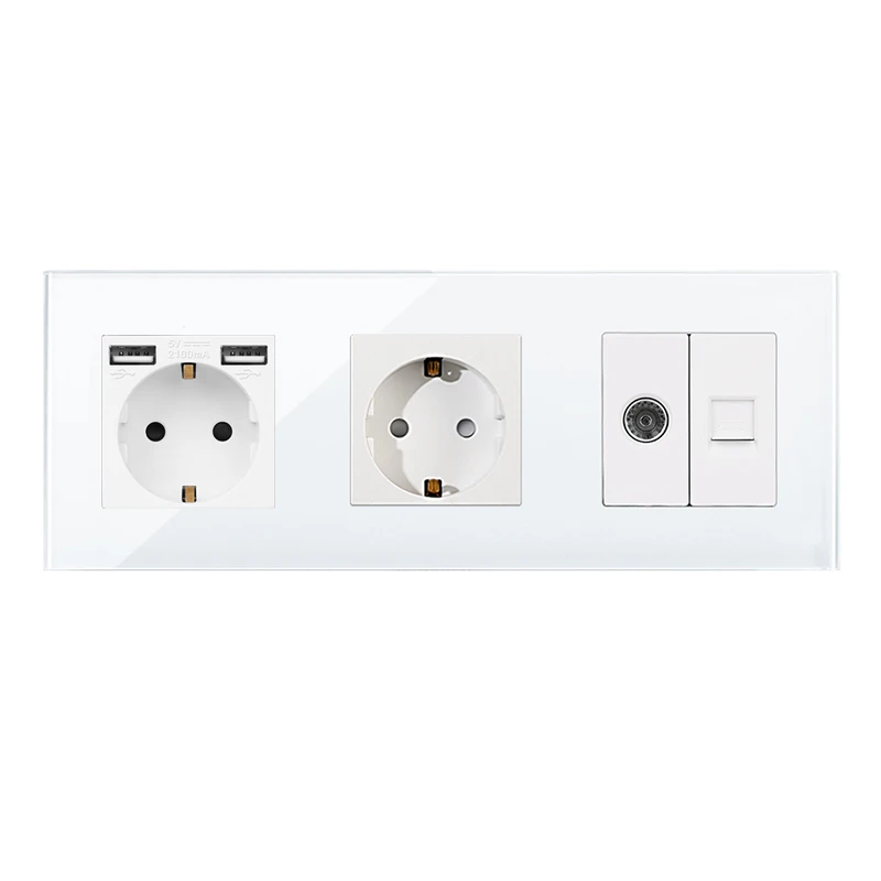 DAJIMEI EU Russia Standard Double Triple Wall Plug TV Computer Internet RJ45 and Dual USB Socket Crystal Glass Panel for Home