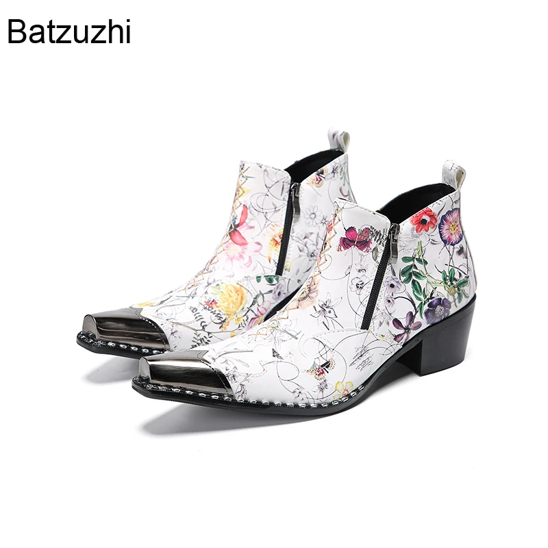 Batzuzhi Designer's Boots Shoes Pointed Toe White Genuine Leather Short Boots Man Flowers Print Business Boots for Man!
