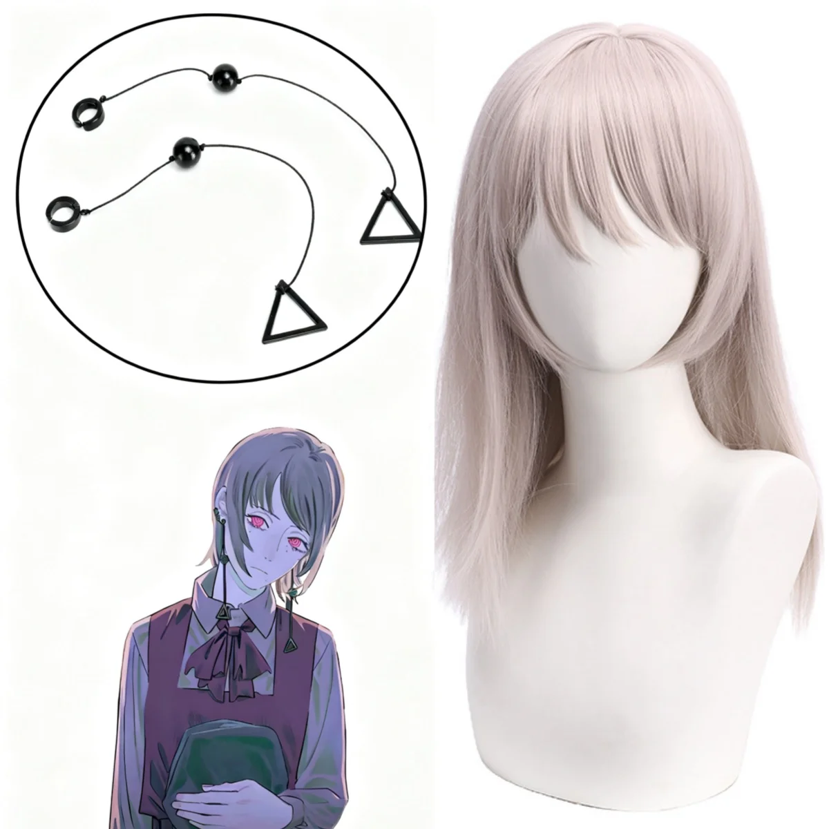 Death Devil Cosplay Wigs For Adult Chainsaw Man Black Triangle Drop Earrings Japanese Anime Dress Up Wig Costume Accessories Set