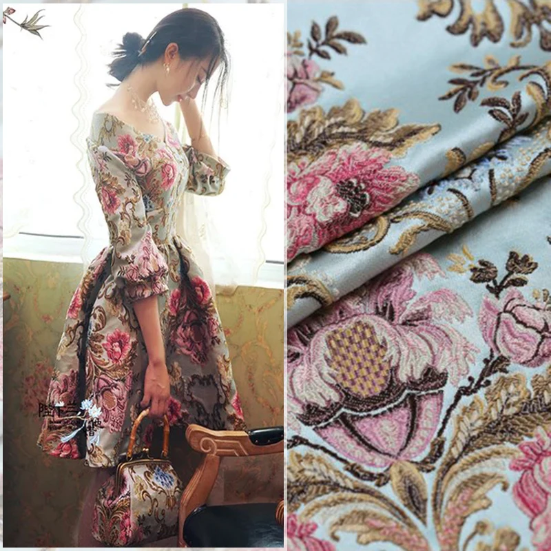 

European Style Spring Fall High Quality Flower Dobby French Style Floral Brocade Jacquard Fabric for Party Dress Coat 1 Yard