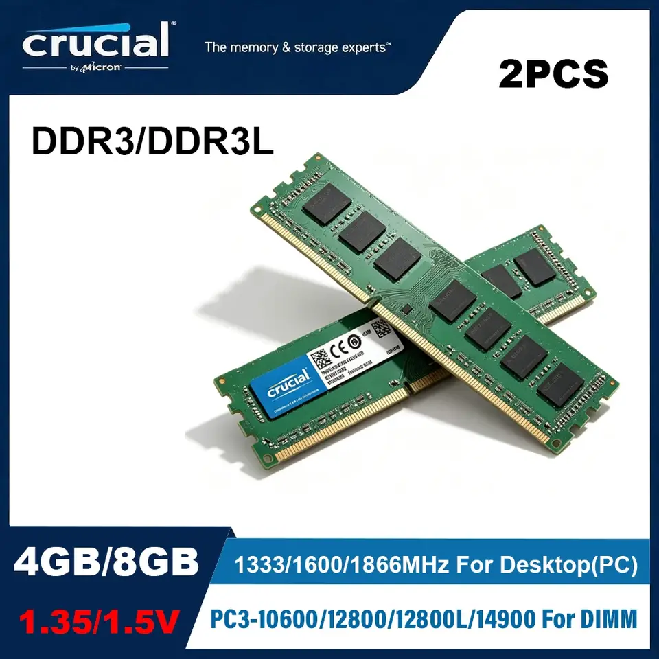 ذاكرة سطح المكتب الأصلية Crucial DDR3/DDR3L 4GB 8GB، 8 شرائح لوحة دوائر خضراء، 1.35V 1.5V، 1333 1600 1866MHz 240Pin DIMM لأجهزة الكمبيوتر القديمة - 2
