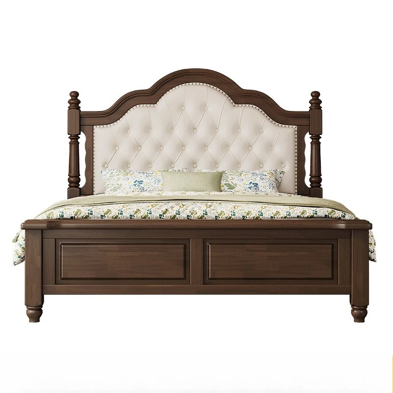 

American light luxury, all solid wood retro double bed, modern simplicity, solid wood storage princess bed