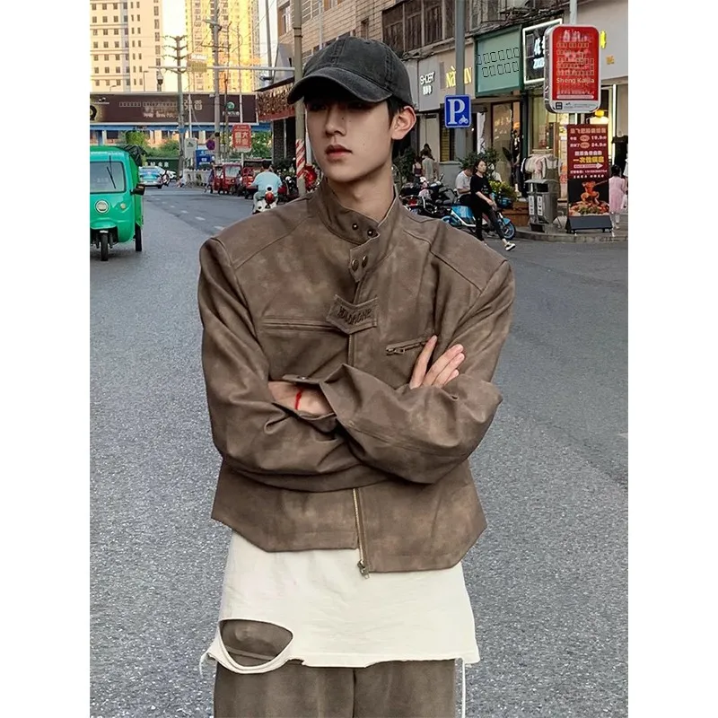 

Коричневая кожаная куртка мужская весенняя модная брендовая куртка в уличном стиле 2024 года, новая, премиум-класса, с подплечниками