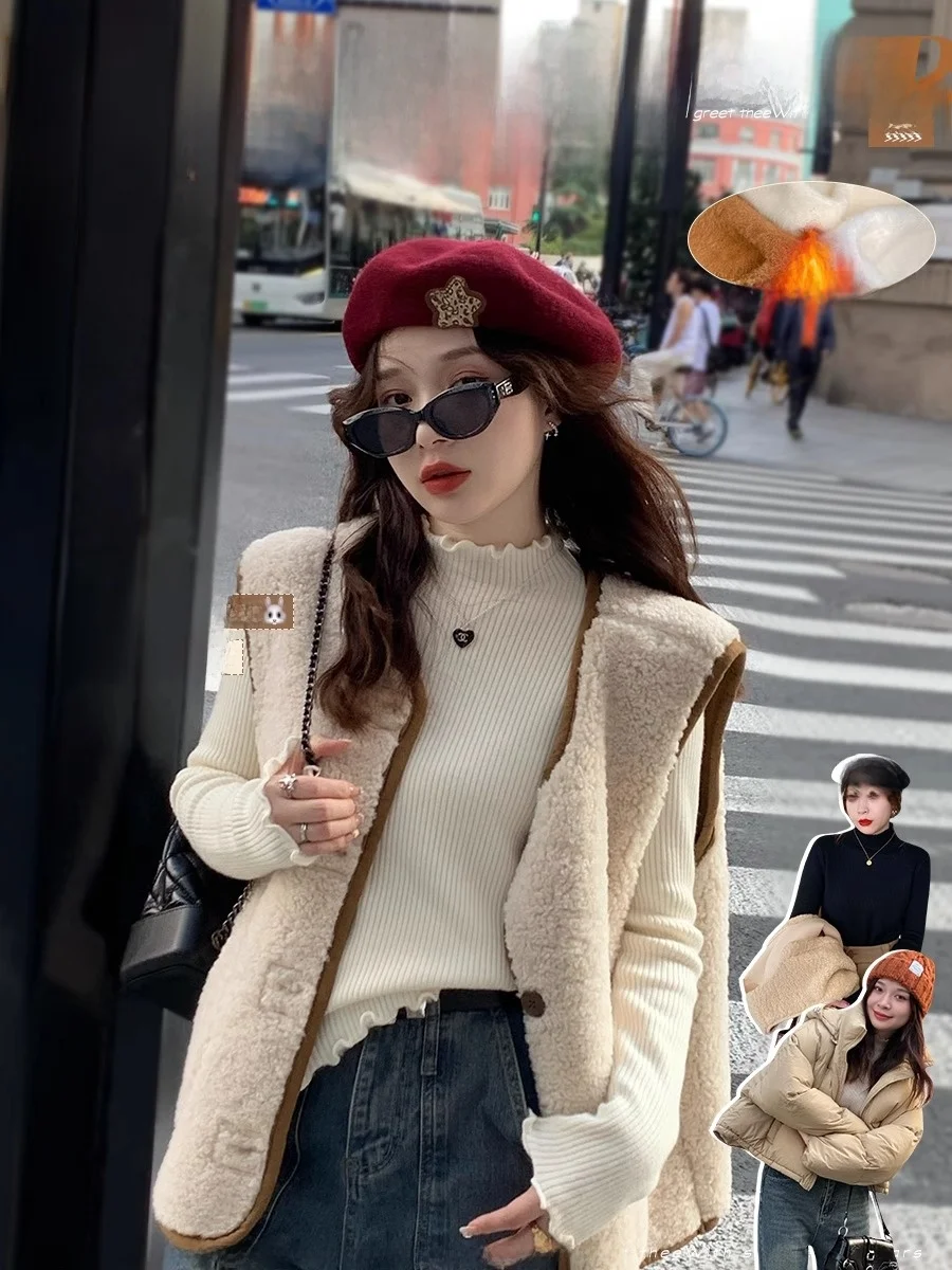 

Thiened Fce Lined Inteated Velvet Base irt Women Early Spring High Sense Wood ain Knitwear Coat Inner f Hi...