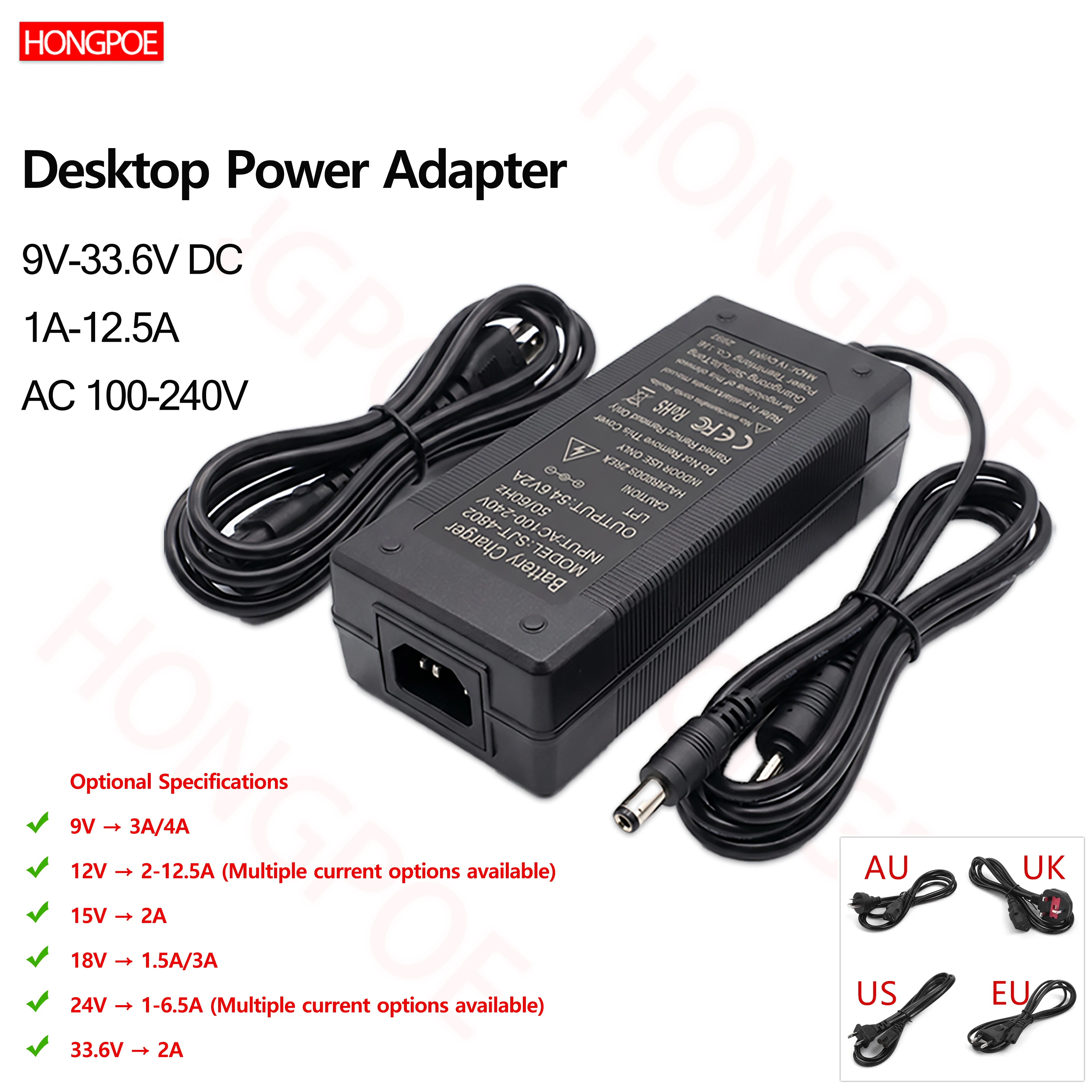 Desktop Power Adapter 9V/12V/24V DC 3A/5A/10A 100-240VAC SMPS with Copper Core Transformer for LED Routers CCTV EU/US/AU/UK Plug