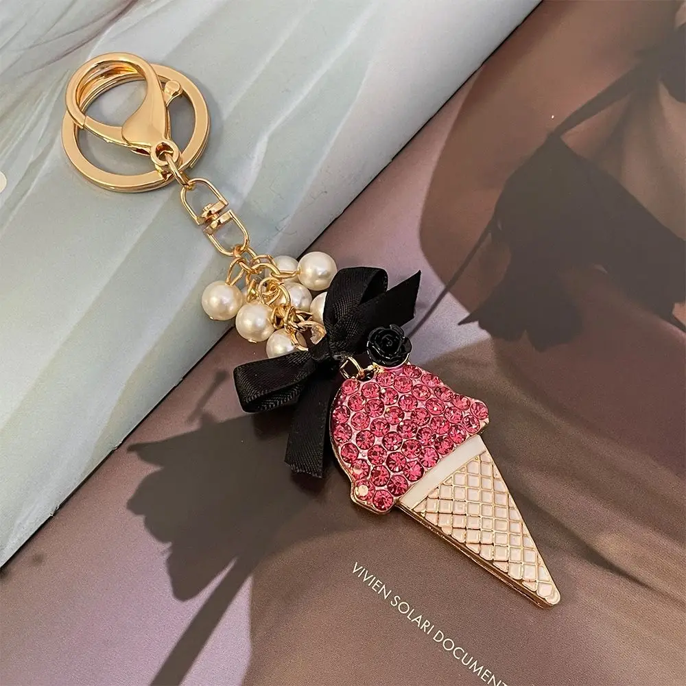 Creative Pearl String Ice-cream Car Keychain Exquisite Korean Version Car Metal Key Ring Fashionable Simple Bag Pendant Gifts