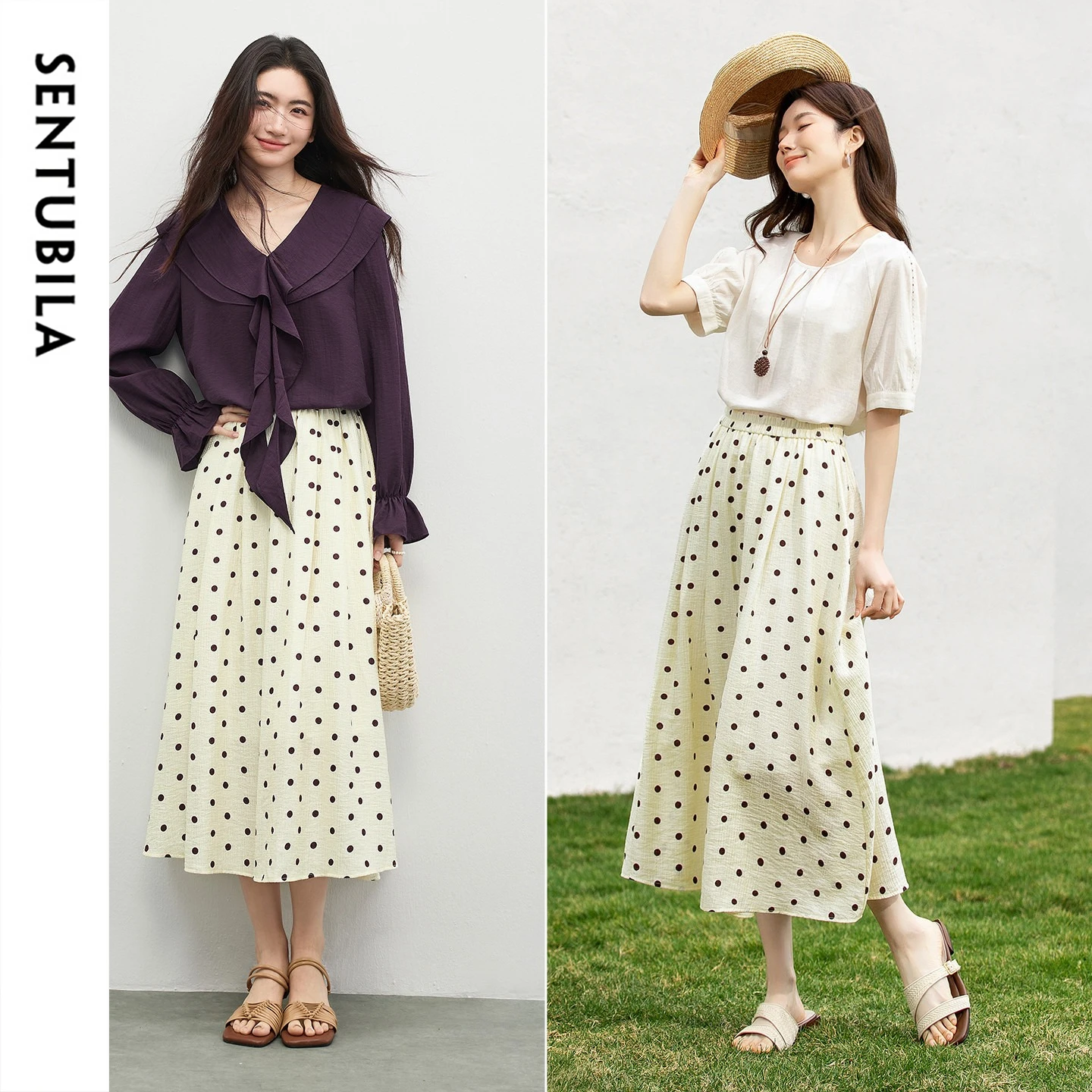 SENTUBILA Women's Polka Dot Print Skirt Ladies 2026 New Spring Summer Elastic Waist Flowy Flared A-Line Midi Skirt 161QA4923