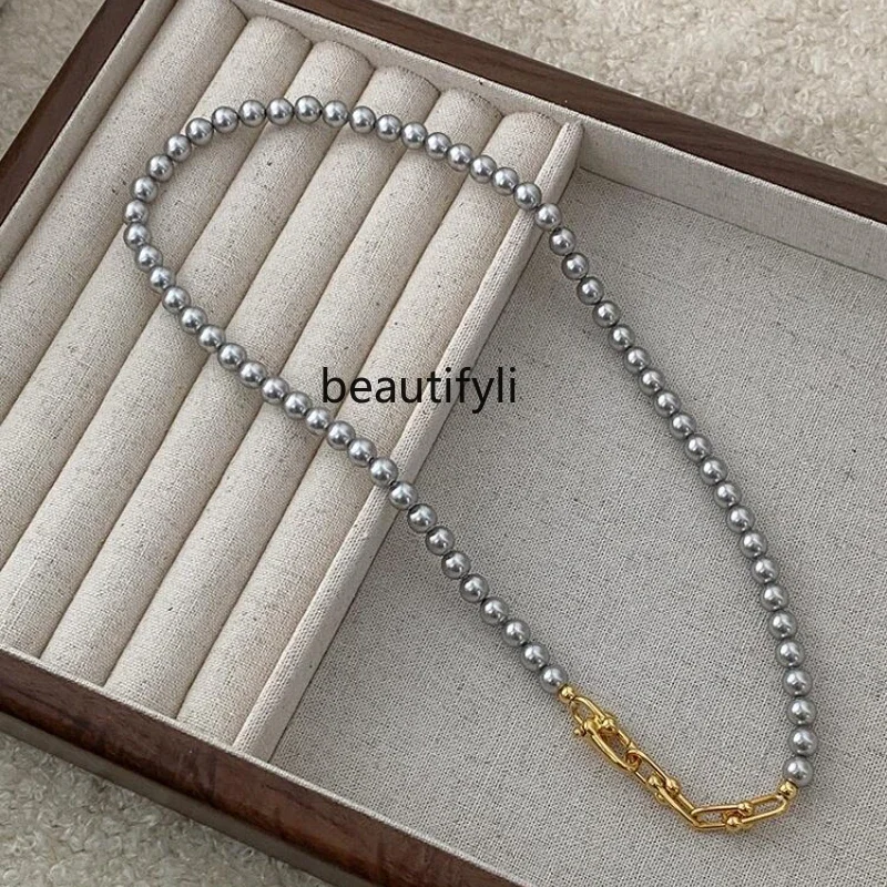 Simple high-end platinum gray round, pearl splicing necklace light luxury niche high-end collarbone chain