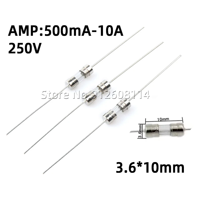 20Pcs 3.6*10MM Glass Fuse250V 0.5A 1A 1.5A 1.6A 2A 2.5A 3A 3.15A 4A 5A 6.3A 8A 10A 15A 100mA 3x10mm Fuse Fast Break With Pin