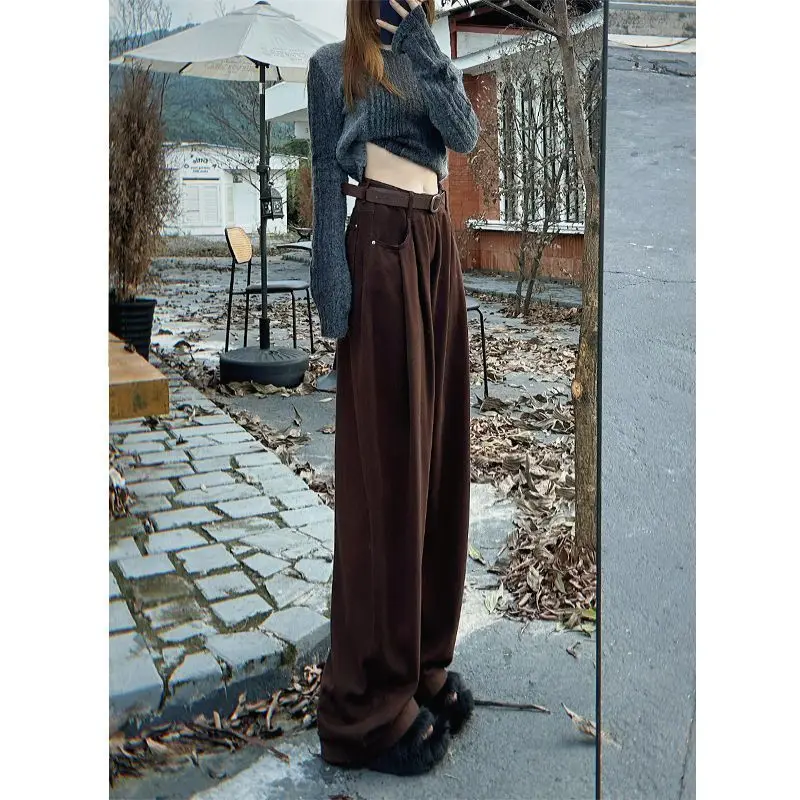 Coffee-colored Wide-leg Jeans Women Autumn Winter Exude High-end Slimming Look Straight-leg Drape Loose and Floor-length Pants
