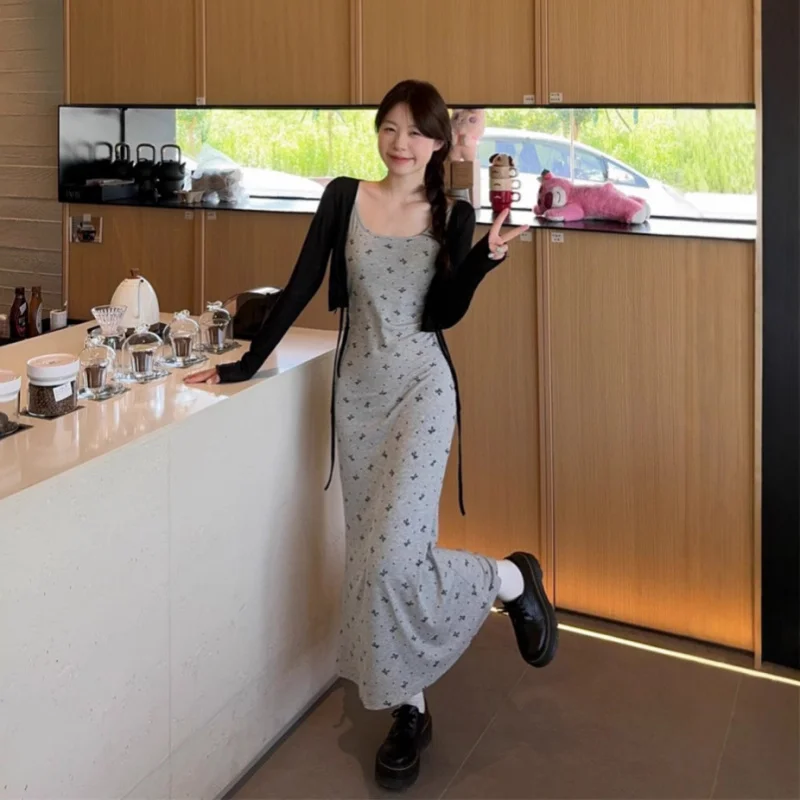 

French Style Gray Polka Bowknot Strap Dress Women's Summer New Waist Slimming Elegant Long Dress