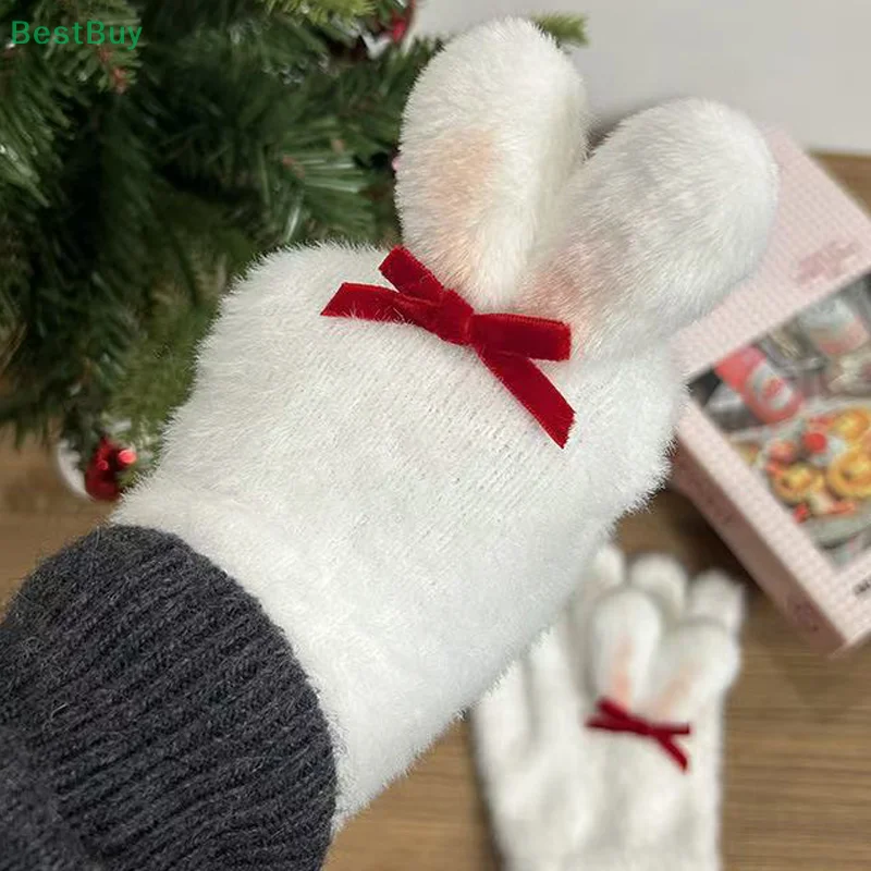 1 pair  Cute Plush Cold Proof Rabbit ear five-finger gloves