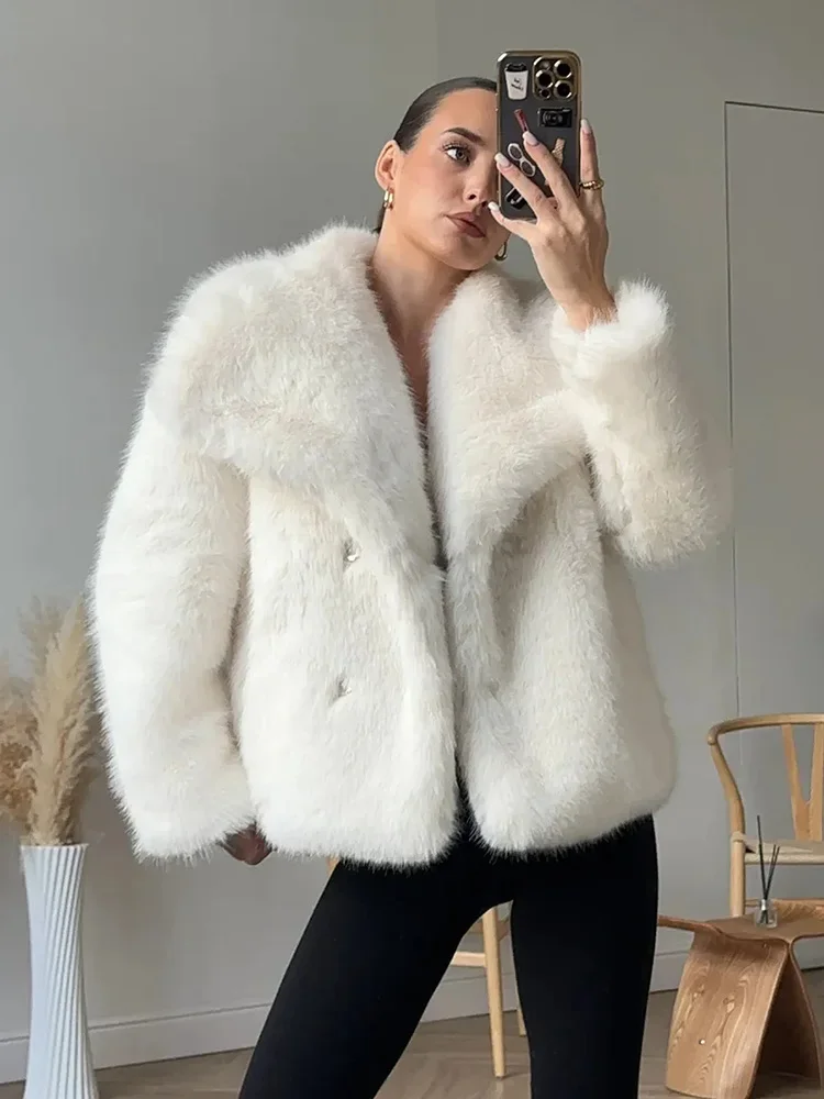 

TARUXY Solid Faux Fur Lapel Women's Coat Luxury Gradient Cropped Fluffy Fur Jacket Coat Winter Thicken Outerwear