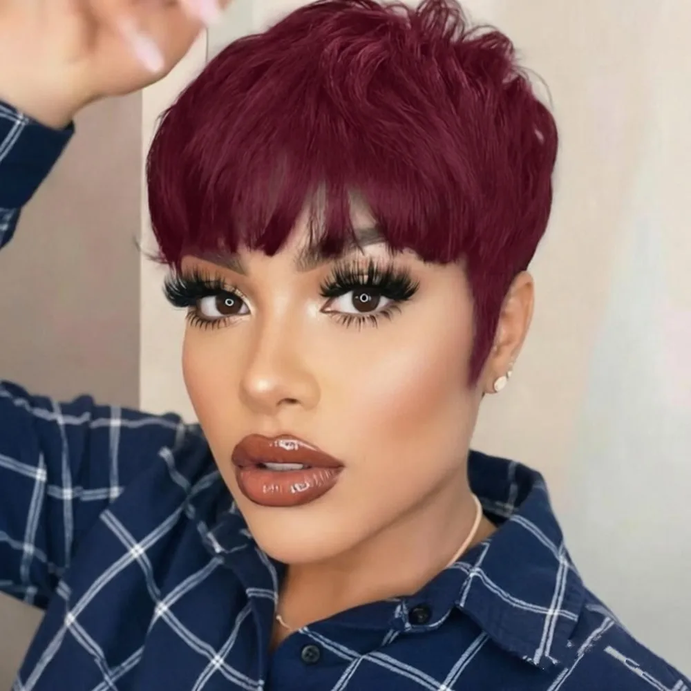 

Короткий прямой парик из натуральных волос Black Pixie Cut, машинной работы, коричневый цвет 99J, парик Pixie Cut для женщин, для повседневного использования и вечеринок.