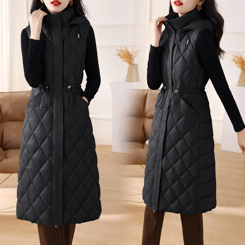 2024 New Autumn Winter Women Long Parka Vest Warm Black Zipper Hooded Down Coat Parka Ladies Sleeveless Waistcoat Jacket Outwear