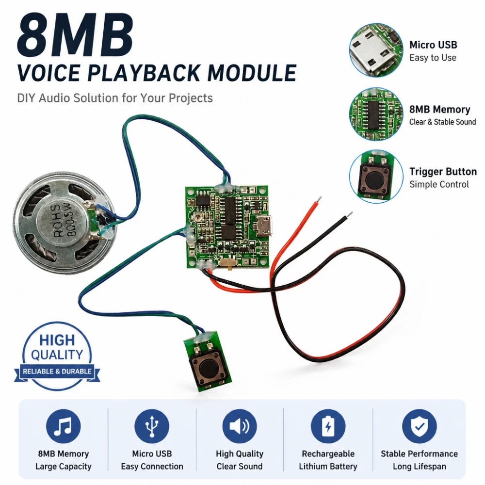 8MB Voice Playback Module, Interchangeable Sound and Music Module, Micro USB Port, Suitable for Voice Recorder Kits and DIY Gift