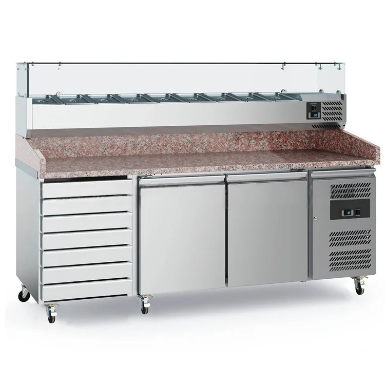 Restaurant Salad bar Counter Work Table Chiller Commercial Sandwich Prep Table Pizza Refrigerator with Granite Marble Top - view 3
