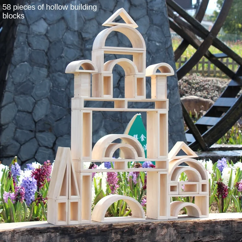 Factory-direct Wholesale Early-learning Hands-on Mind-building Construction Blockslarge Hollow Blocks 58 Pieces Natural Solid