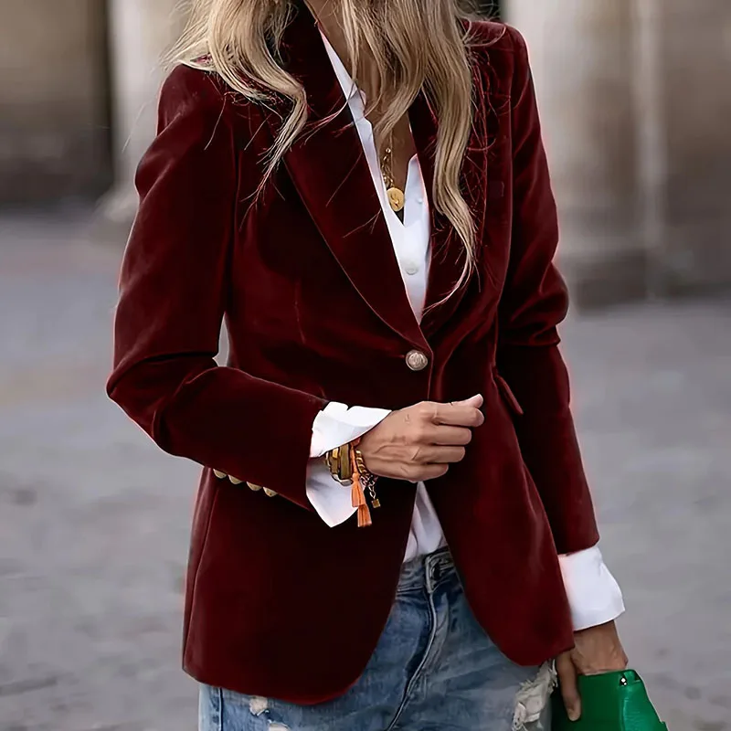 

Autumn Fashion Lapel Blazer Coats Women's Casual Long Sleeve Solid Short Jackets Winter Elegant Button Velvet Slim Fit Outercoat