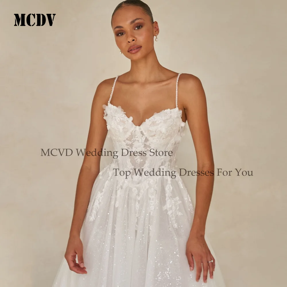 MCDV-vestidos de novia con tirantes finos, vestido de novia de tul con cuentas brillantes, apliques sin espalda divididos, vestidos de novia brillantes personalizados