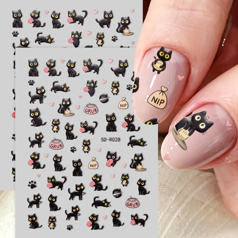 1pcs 5D Black Cat Dog Nail Art Stickers Cartoon Golden Retriever Kawaii Black Cat Nail Decals Big-eyed Kitten Manicure Decora
