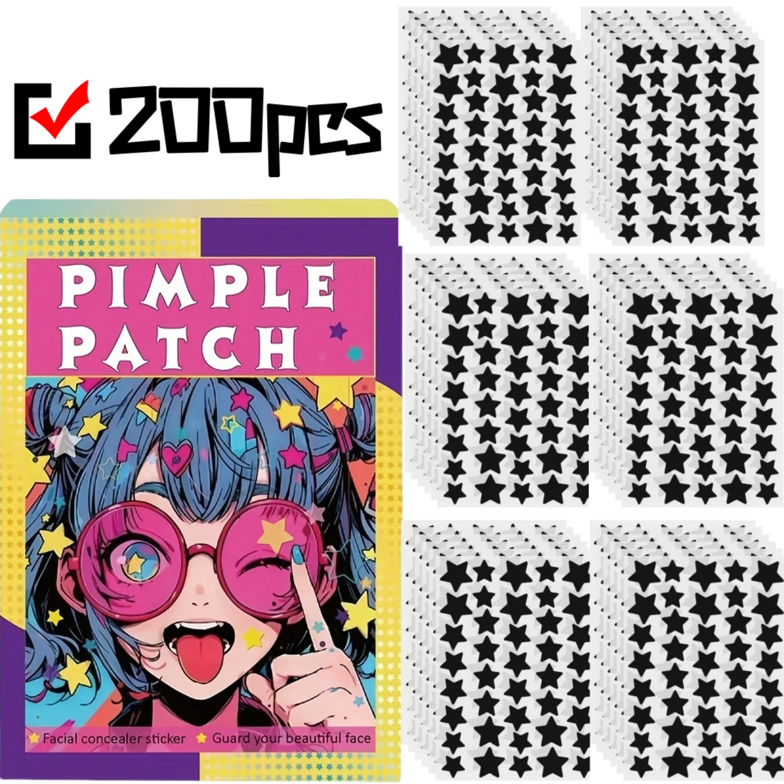 200 قطعة من رقع حب الشباب على شكل نجمة - لطيفة ومقاومة للماء وقابلة للتنفس. تصميم نجمة ملونة لجميع أنواع البشرة. سرية وفعالة