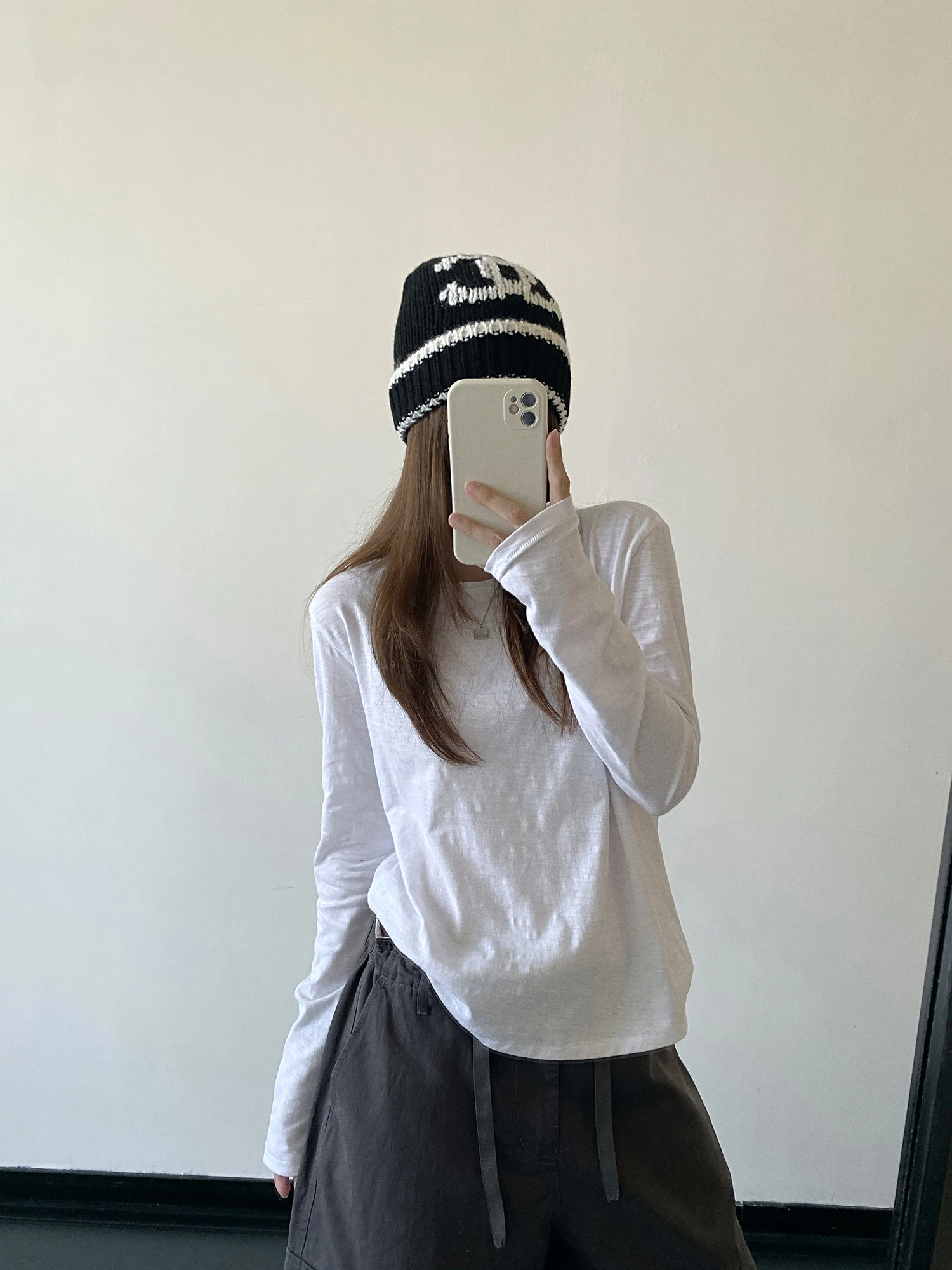 SunYeo Bamboo Node Cotton Roll  Base Shirt White Spring Autumn Shoulder Width Loose Long Sleeve  Color T Shirt Women