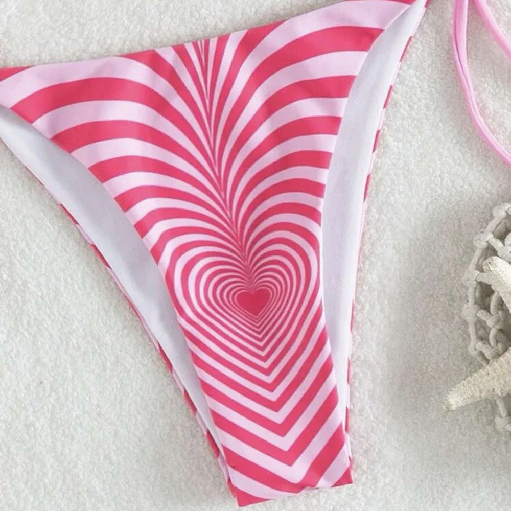 Sexy Pink Heart Striped Micro Thong Bikinis Set String Halter Swimsuit Women Swimwear Bathing Suit Mini Triangle Bikini Mujer