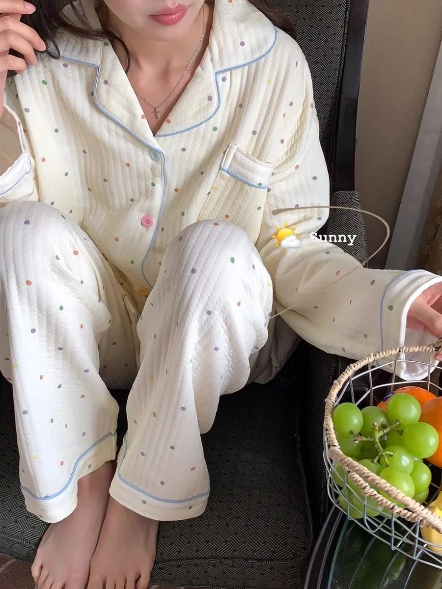 Thickened Air Cotton Sleepwear Set for Women Autumn Winter Polka Dot Print Home Clothes Long Sleeve V-Neck Button Closure Car...