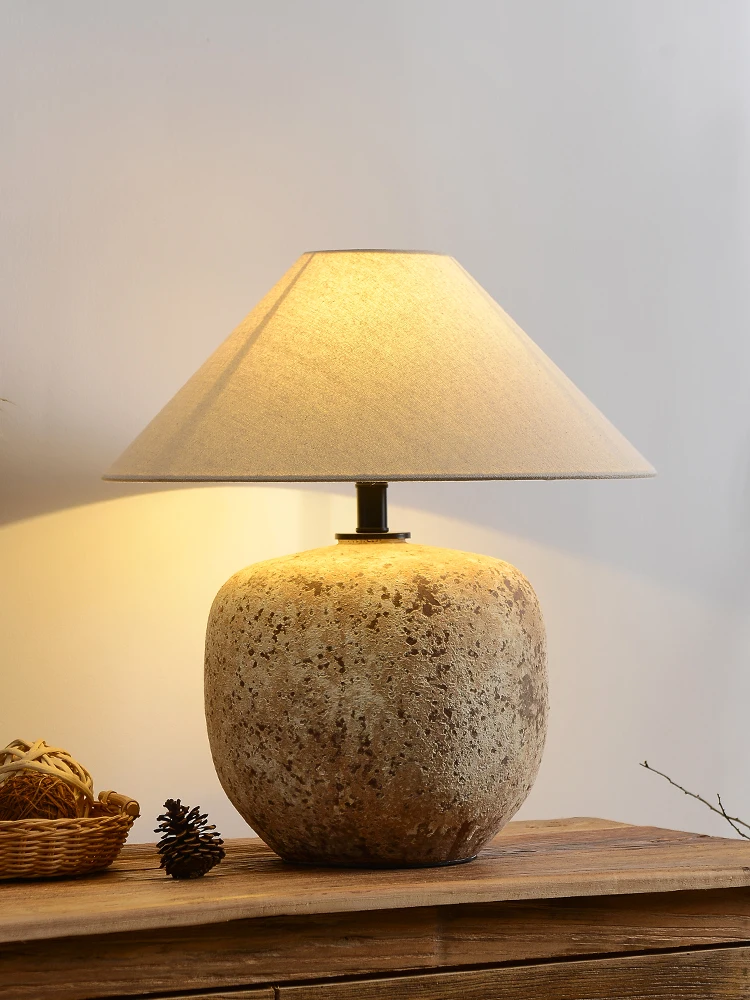 Wabi‑Sabi Vintage Ceramic Table Lamp Retro Clay Pot Bedside Desk Lamp Linen Shade for Living Room Bedroom Home Hotel Decor