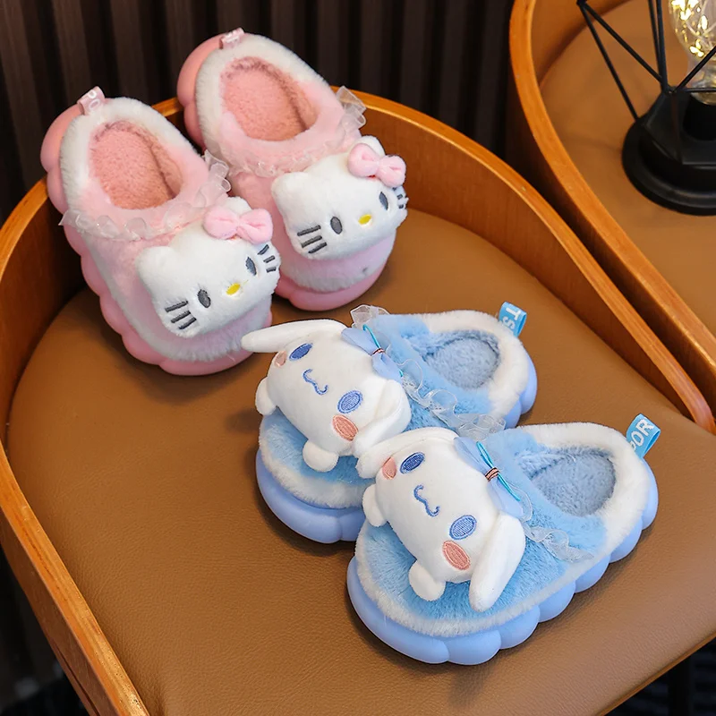 Sanrio Parent-child Cotton Slippers Pochacco Kurome Cinnamoroll Autumn and Winter Home Warm Fur Shoes Winter Baby Fur Slipper