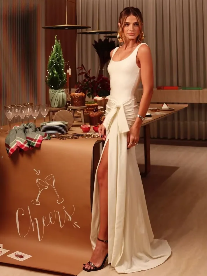 

Элегантное белое длинное платье с разрезом и бантом, женское модное плиссированное платье без рукавов с круглым вырезом на талии, женское вечернее платье