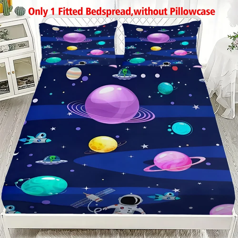 1pc Cartoon Space Planets Astronaut Print Fitted Sheet Deep Pocket Elastic Mattress Cover Single Double Queen King Bedroom Decor