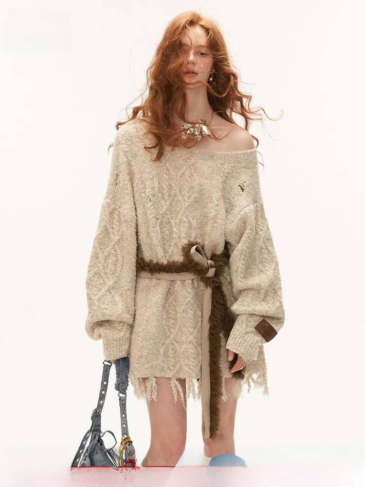 

MAMC Lazy Sle Long Sve Knitted Sweater Coat oulder Bared Tassel Women's Loose Fit Autumn New Arrival Outerwear Top